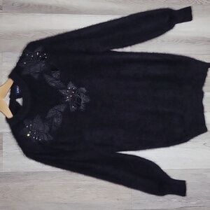 Anna Womens L Vintage Angora Wool Sweater‎ Embroidered Beaded Floral Keyhole 80s